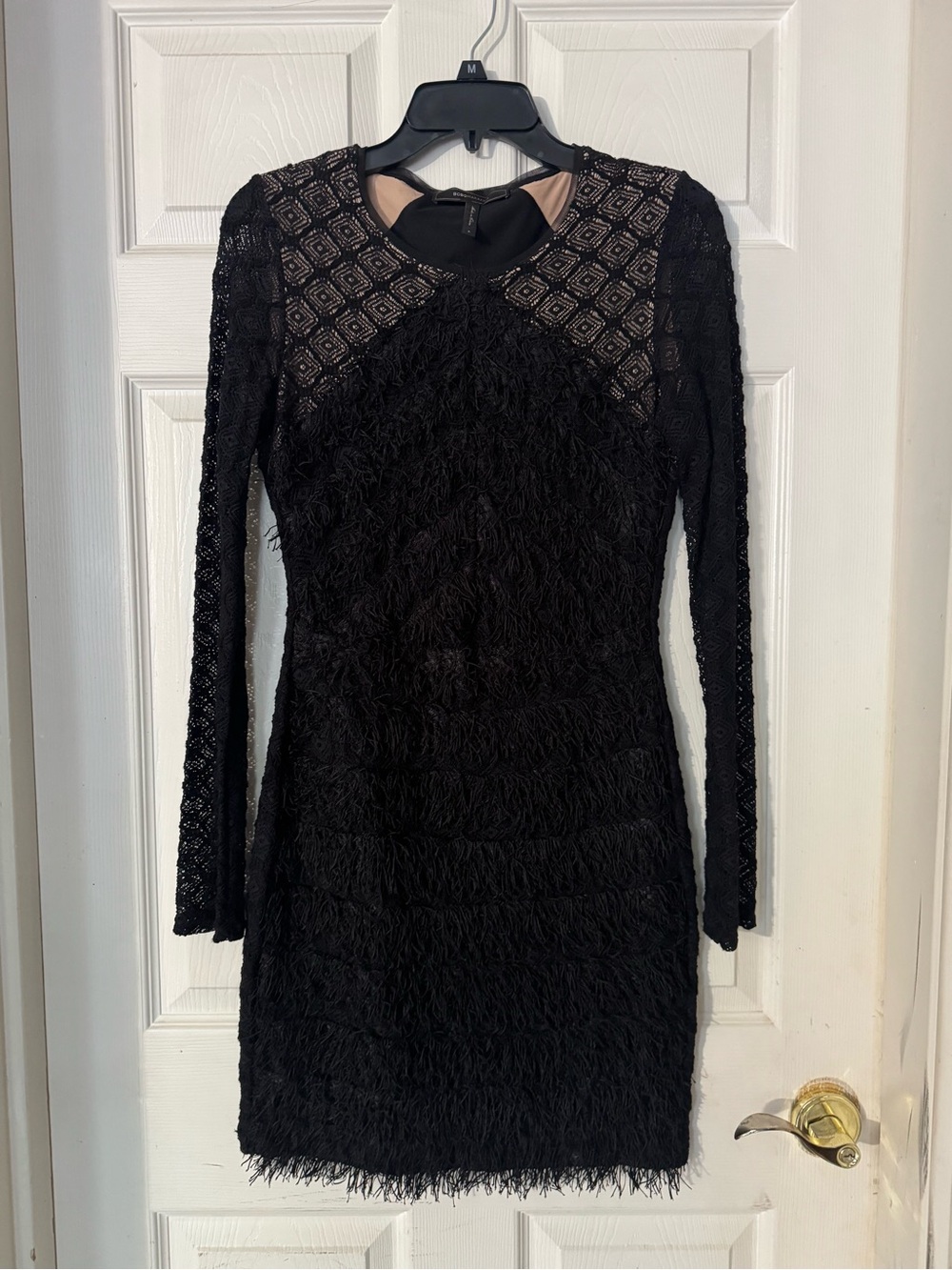 Black Lace & Fringe Long-Sleeve Bodycon Dress